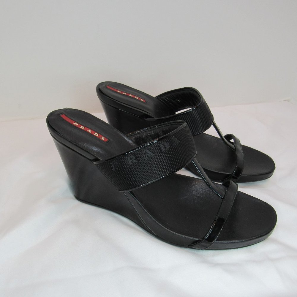 Prada Black T Strap Strappy Wedge Sandals Heels Made in Italy 6.5 US